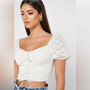 Topshop puff sleeve white lace up crop peasant top